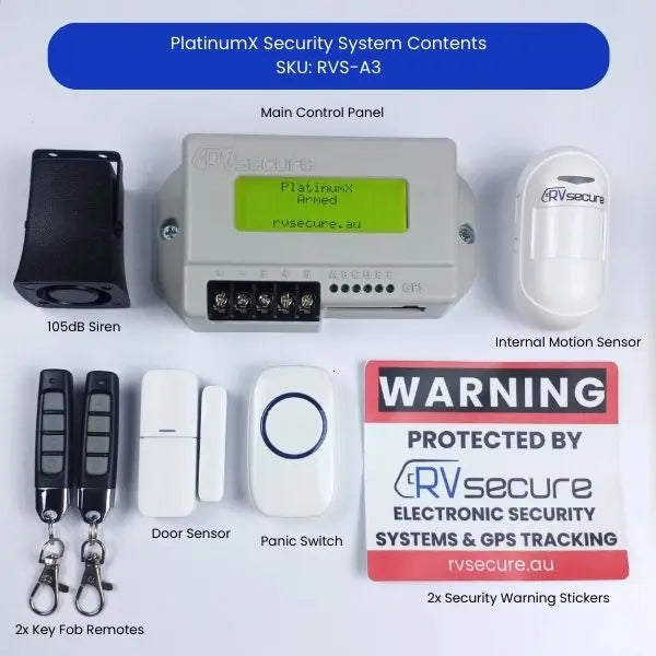PlatinumX Gen3 Caravan Alarm System kit contents including sensors and remotes.